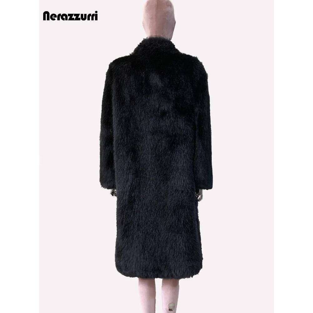 Nerazzurri Autumn Winter Long Fluffy Thick Warm Soft Hairy Black Faux Fur Coat Women Single Breasted Loose Casual Furry Overcoat