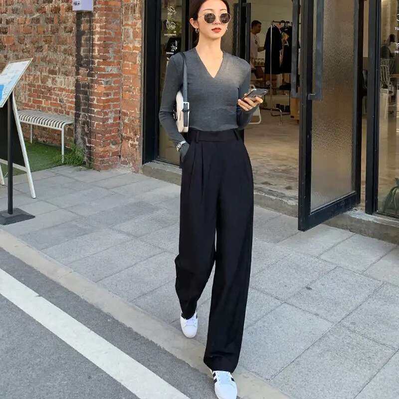 Clothing Buttons Trousers Woman Tailoring Womens Pants Wide Leg Baggy Work Office Solid Loose Slacks High Quality All Medium 90s