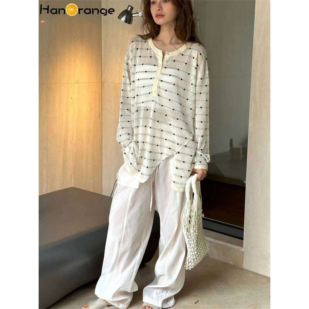HanOrange 2024 Summer Retro Lazy Polka Dot Knitted Sweater Women Lightweight Breathable Loose Knitting Top Apricot/Black