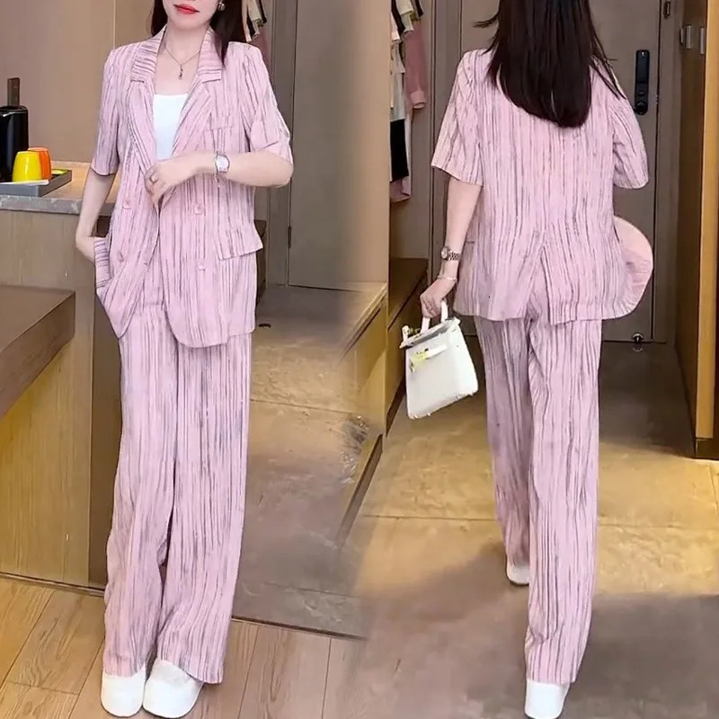 Summer Women Workwear Matching Sets Office Lady Casual Loose Short Sleeve Blazers Pants Outfits Jackets Trousers Suits 250612