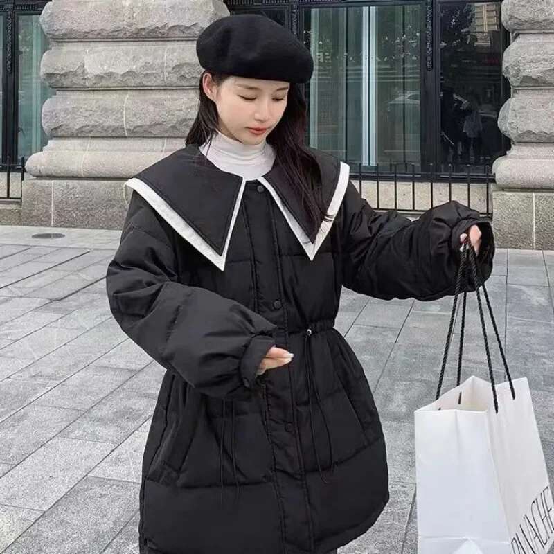 Slim Fit Zip-up Coats for Women Navy Collar Parkas Woman Korean Style Clothing Discount Outdoor Clothes Lined Modern Hot Jackets