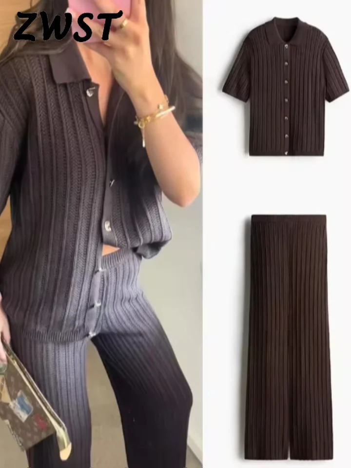 Vintage Knitted Loose Pants Set Women Brown Half Sleeve Lapel Single Breasted Cardigan Straight Trousers 2025 Fashion Solid Suit 250616
