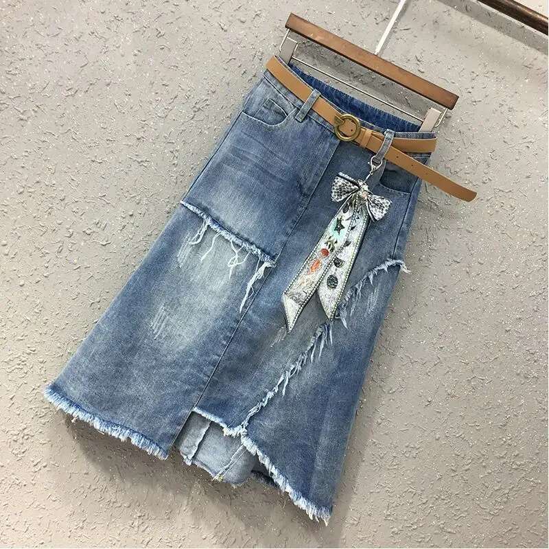 Zipper Jeans Skirts for Women High Waist Midi Patchwork Woman Denim Skirt with Pocket New in Clothing Trend 2025 Korean Style V