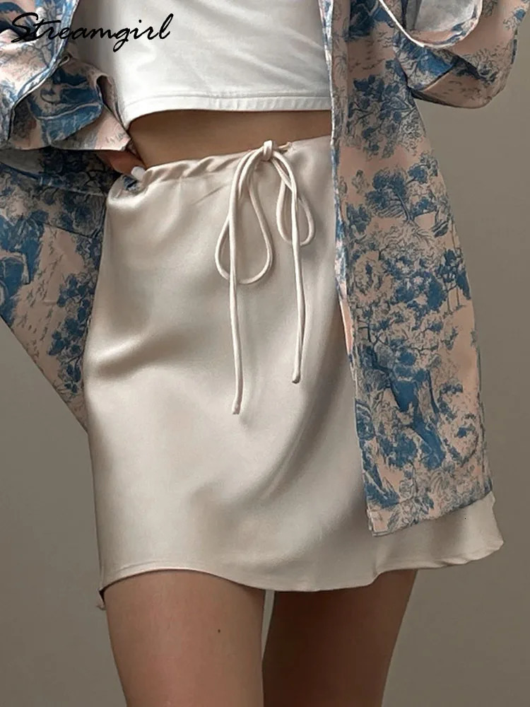 Satin Mini Skirts Women Summer Beige Silk Short Skirt For Woman Drawstring High Waist Black Satin Skirt A Line Women Short 2025 250614