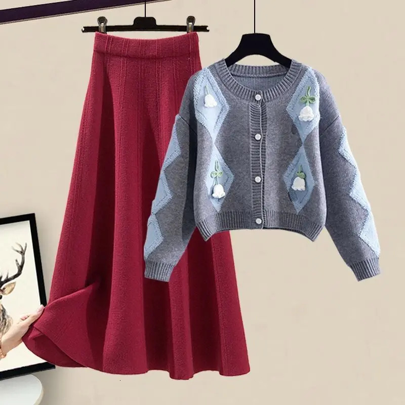 Oversized Womens Autumn Set Fashion Knitted Sweater Covering Flesh and Slim Skirt Two Piece Set Fashion 250616