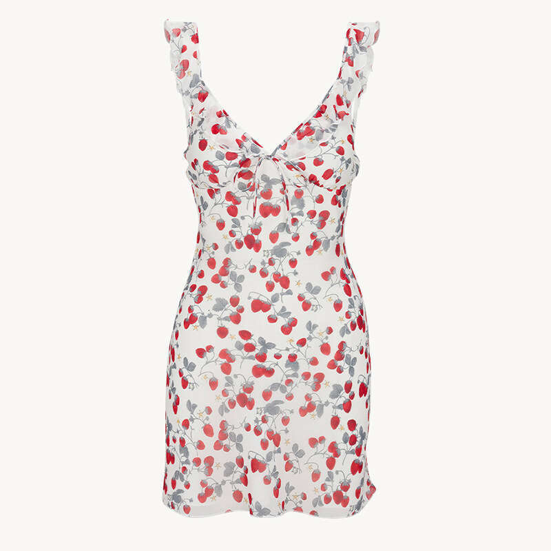 Plus Size Womens Clothing Calf Bodycon Dresses for Women Vestidos 901 Summer New 2025 V-neck Ruffle Short White Strawberry Silk French Strap Dress