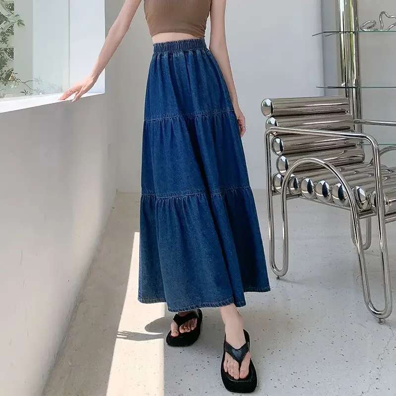 Blue Elastic Waist Jeans Skirts for Women Vintage Clothing Sales Aesthetic Streetwear Chic and Elegant Modest Woman Denim Skirt