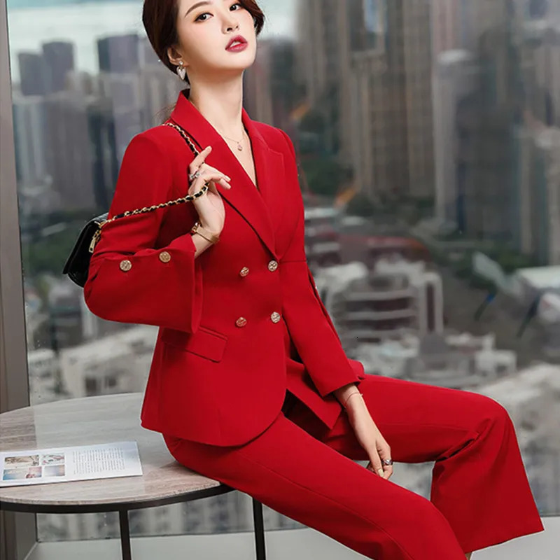 Fashion Red Pant Suits Women 2 Piece Set Spring Autumn Blazer Office Lady Business Work Uniform Outfits Formal Trousers Suit 250612