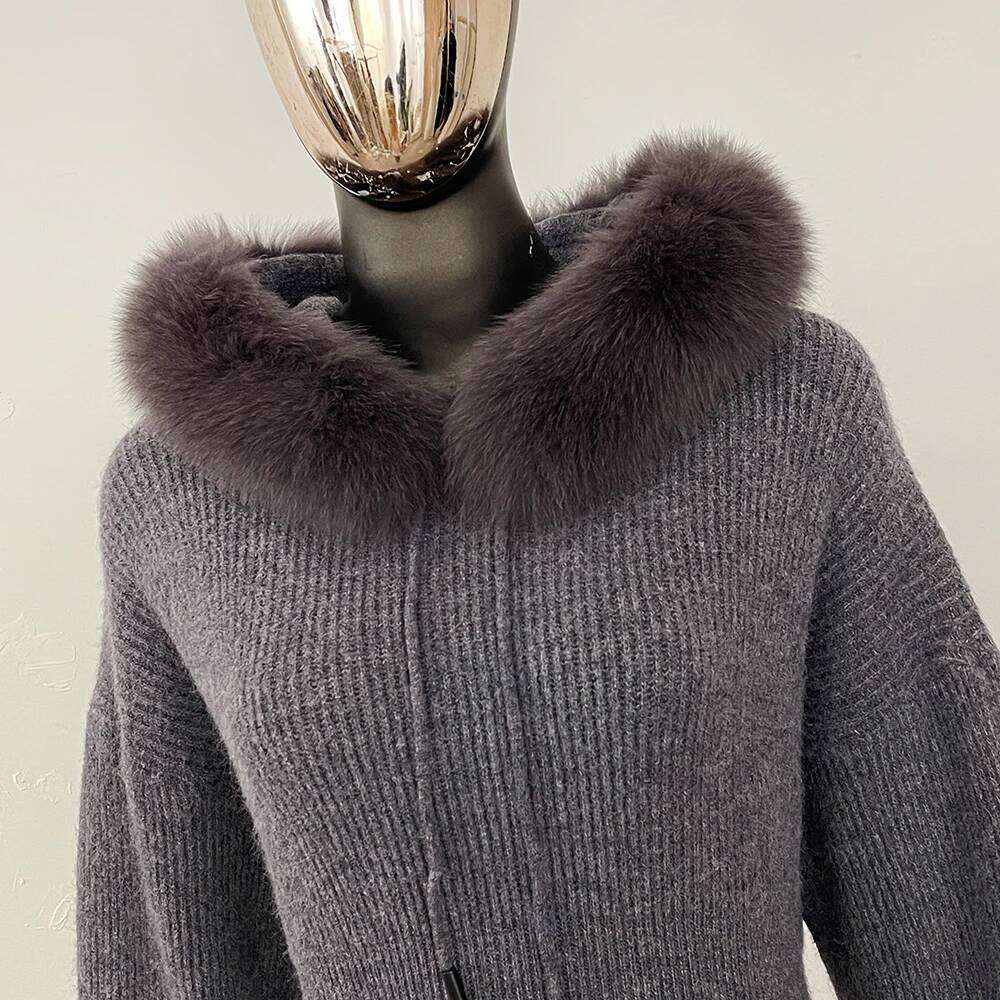 OFTBUY Long Hooded Slim Cardigan Women 2025 New Real Fox Fur Pullover Female Solid Warm Sweater Spring Autumn Knitted Skirt Lady