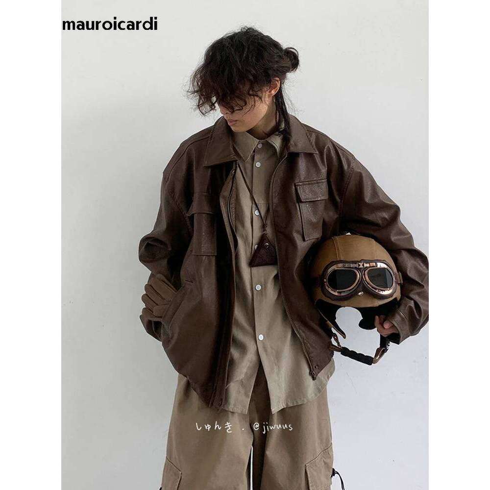 Mauroicardi Autumn Winter Vintage Oversized Cool Brown Black Soft Pu Leather Jacket Men Pockets Loose Casual Unisex Clothes 2023