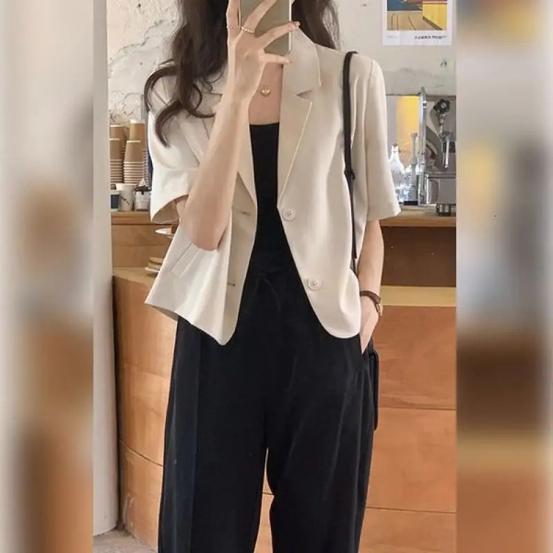 Summer Korean Elegant Thin Short Sleeved Suitsuspenderpants Three Piece Womens Fashion Casual Blazers Matching Set 250612