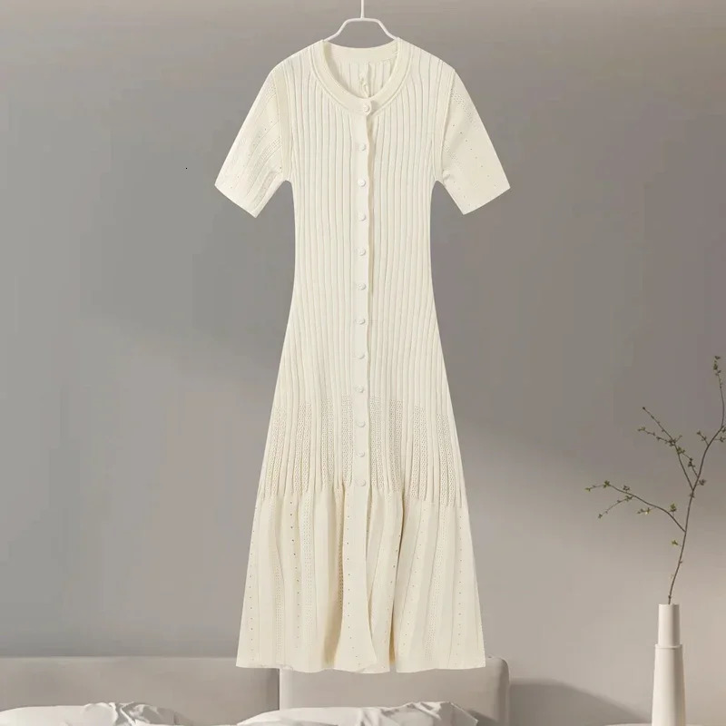 Elegant Knit Dress For Women White Slim O-neck Single Breasted Short Sleeve Long Dresses Female 2025 Spring Fashion Lady Robe 250616