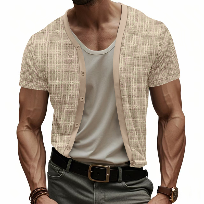 Men's T-shirt sports top summer faux linen bamboo and cotton short-sleeved loose casual button carouselEuropean code: S-3XL