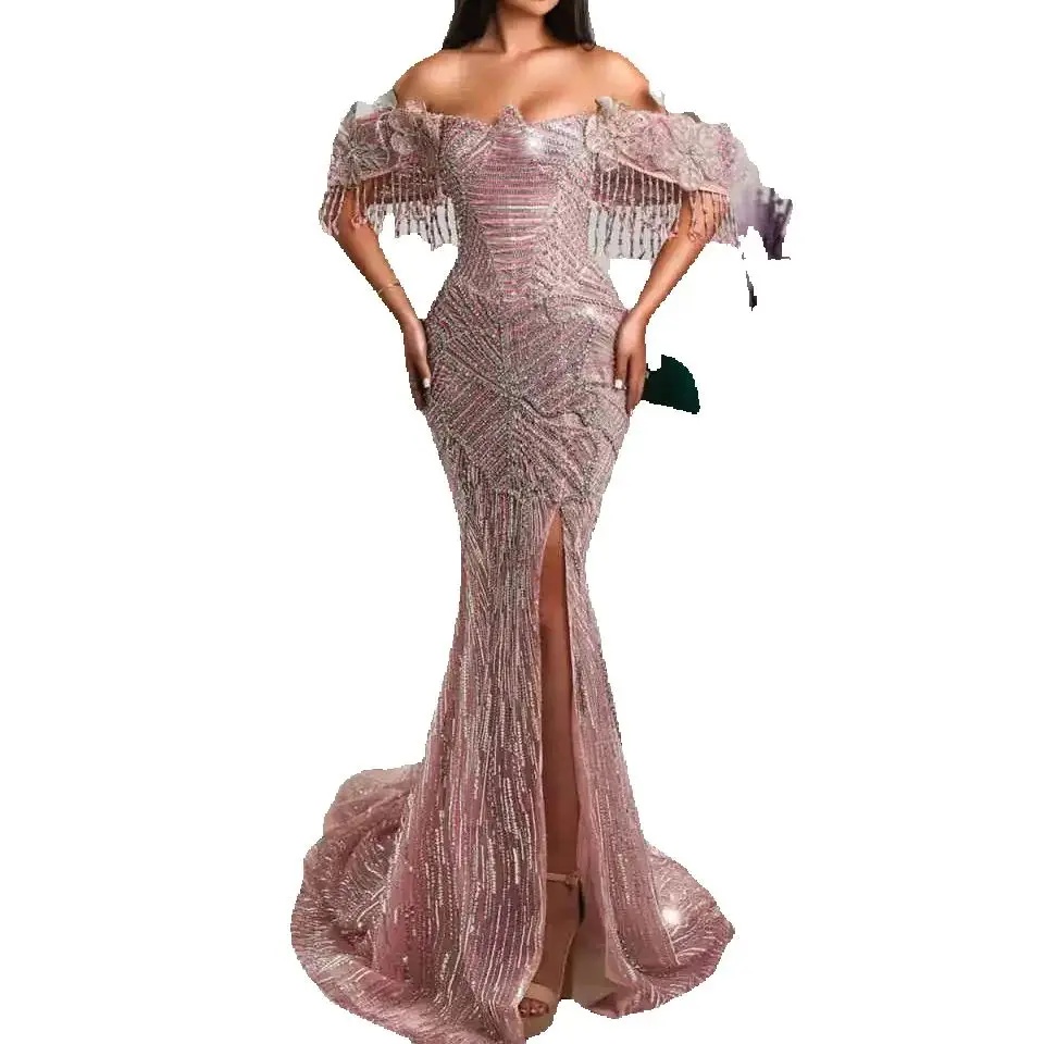 Vintage Beaded Tassels Prom Dresses Sexy Sequined Crystal Evening Dress Side Slit Floral Appliques Party Gown Customized