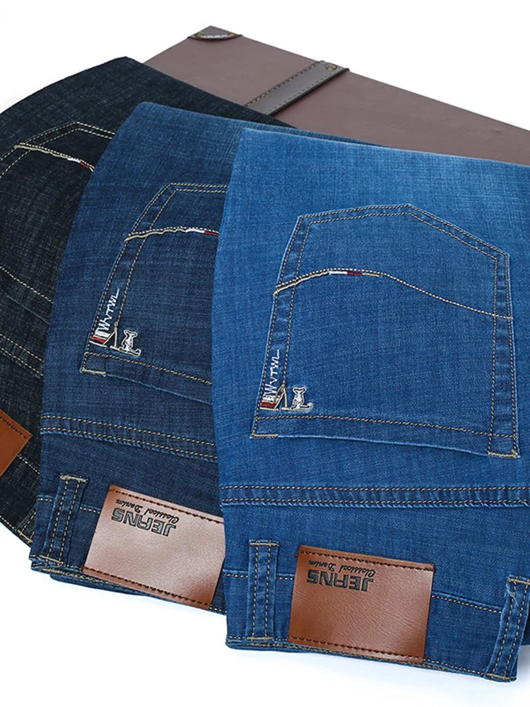 Summer Thin Mens Straight Jeans Classic Black Blue Stretch Casual Business Baggy Denim Pants Male Trousers 250616