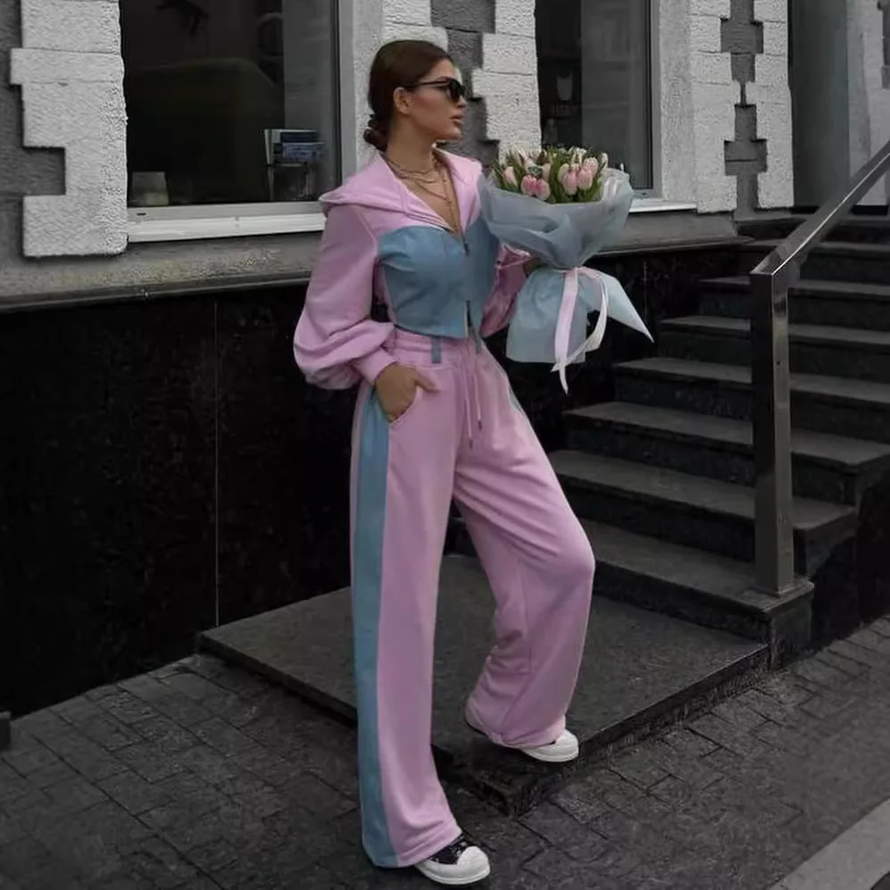 Denim Patchwork Toppant 2 Piece Sets Womens Spring Fashion Zipper Hoodies Coat Outfits Casual Wide Leg Sweatpants Suit Women 250614