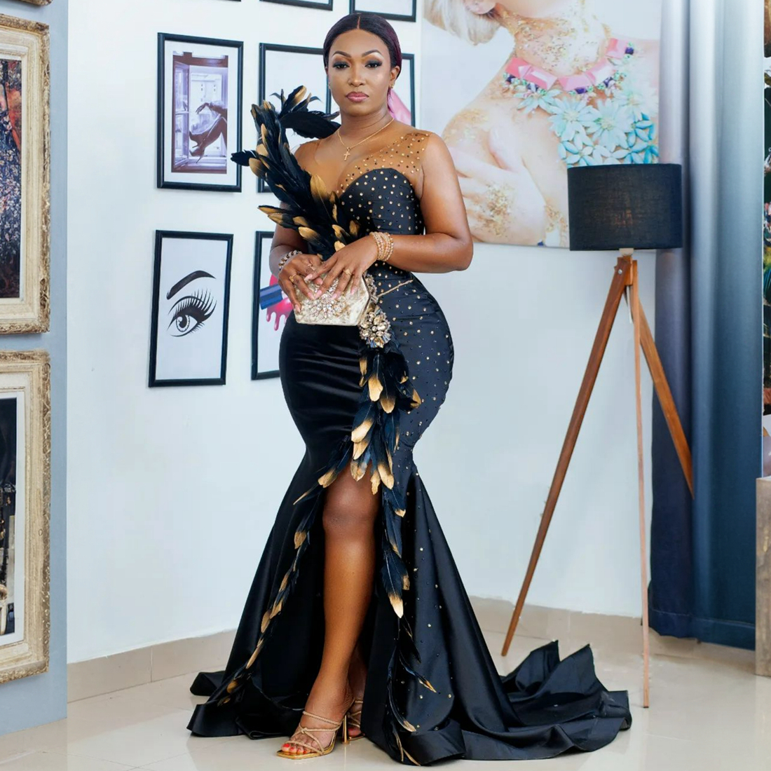 African Mermaid Evening Dresses Feather Beading Sheer Neck Prom Gowns Formal Side Split Customized Red Carpet Dress