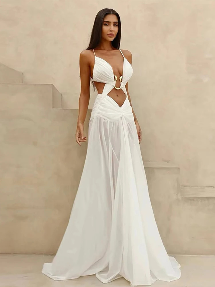Sexy Hollow Out Party Dress Sleeveless Backless Mesh Maxi Female Evening Dresses 2025 Spring Summer Club Beach Slip Lady Robe 250614