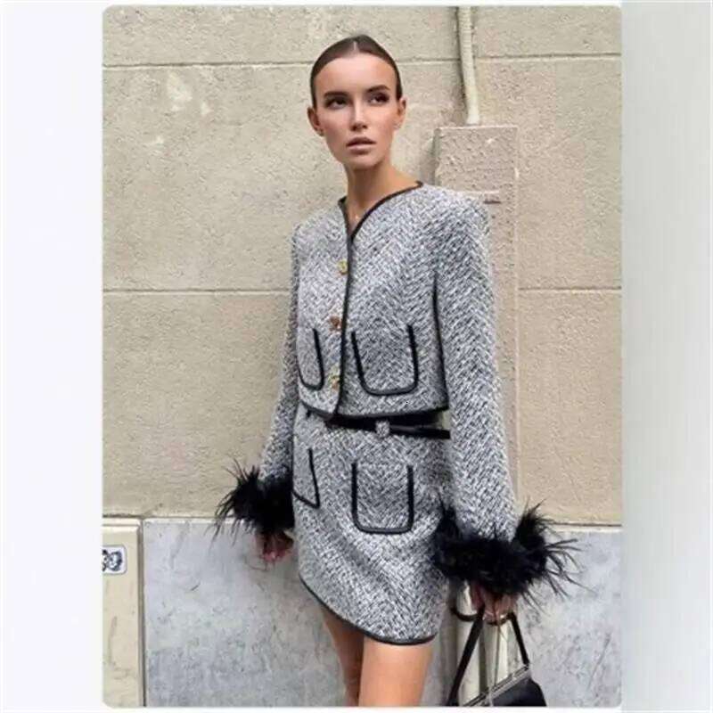 Elegant Contrast Mink Sleeve Braided Coat High Waist Suit Single-Breasted Knitted Top with Patchwork Fur A-line Skirt