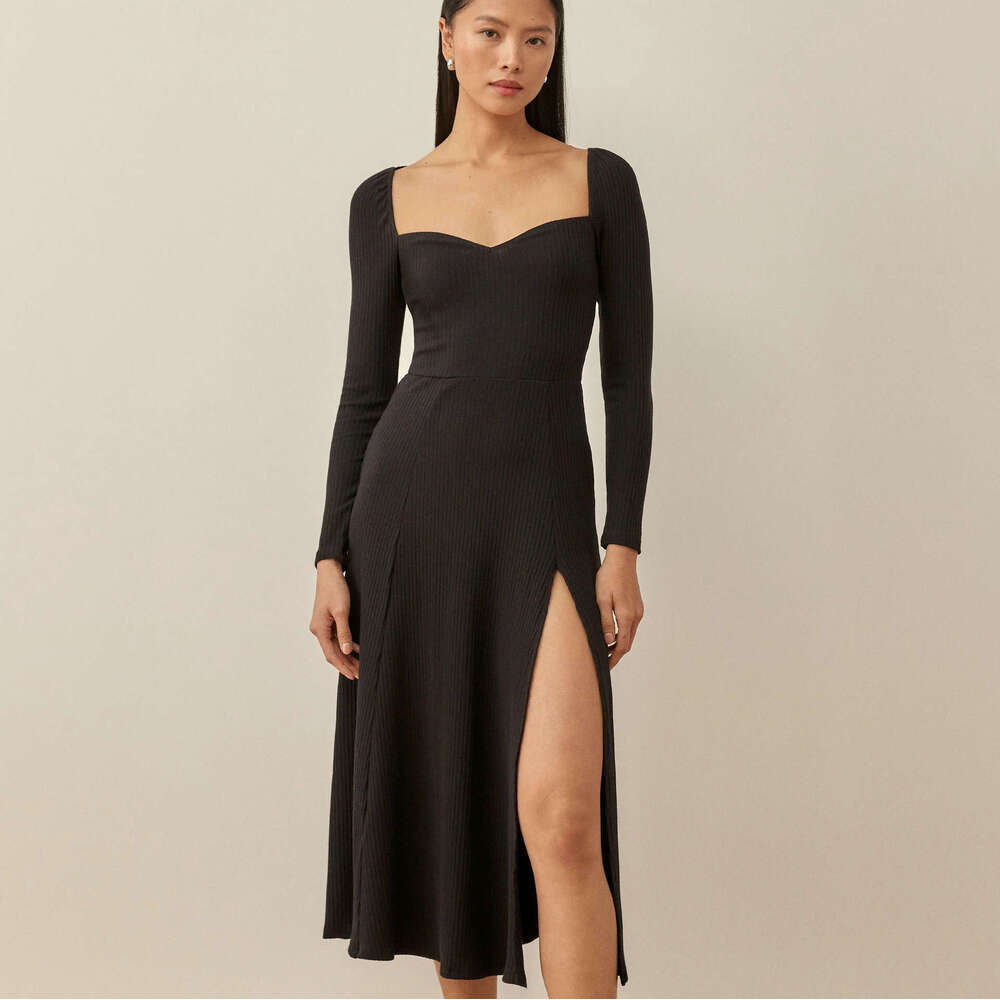 Calf Whitedress Robe N526 Spring Summer 2025 Solid Color Square Neck Long Sleeve Mid-length Split Sexy Knitted Dress Womens Fashion