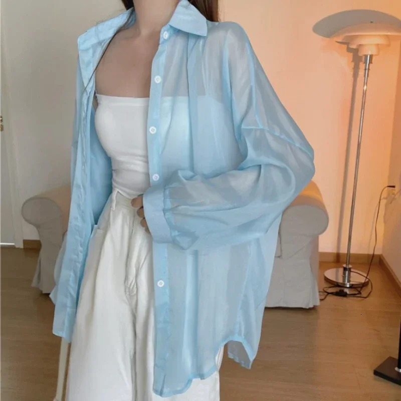 Women Shirt Long Sleeve Top Blouse Female Chiffon Loose Sexy Solid Summer Cardigan Thin Color Casual Shirt Outerwear 250616