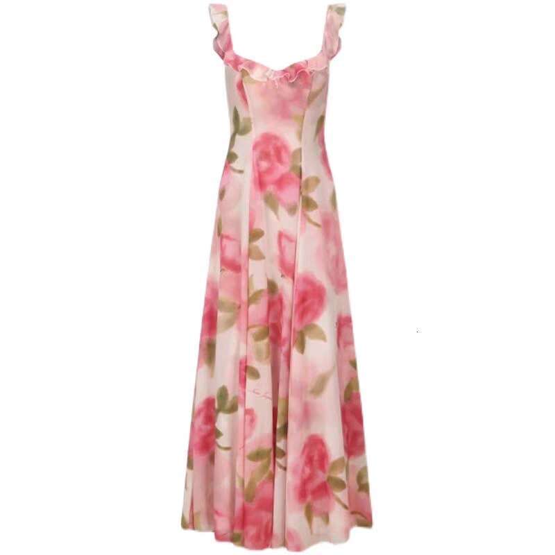 Clothes Women Designer Women Dresses 734 Summer New 2025 Sun Yi Same Style Romantic Rose Flower Square Neck Ruffle Vacation Long Dress