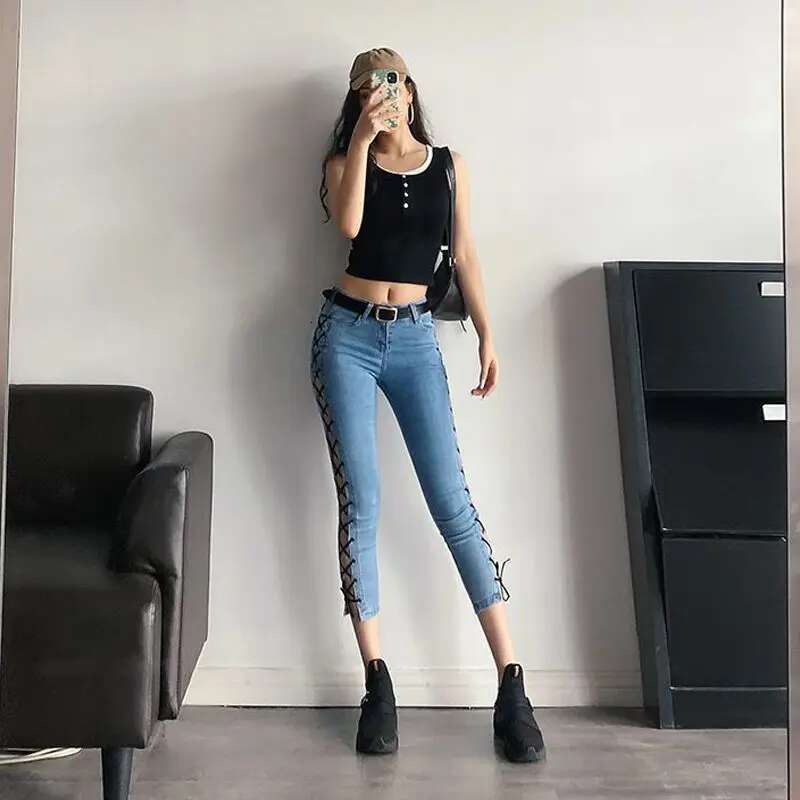 Womens Jeans Slim Fit Woman Pants Pipe and Capris Trousers Blue with Pockets Cropped Skinny Summer Denim Vintage Hippie A Basics