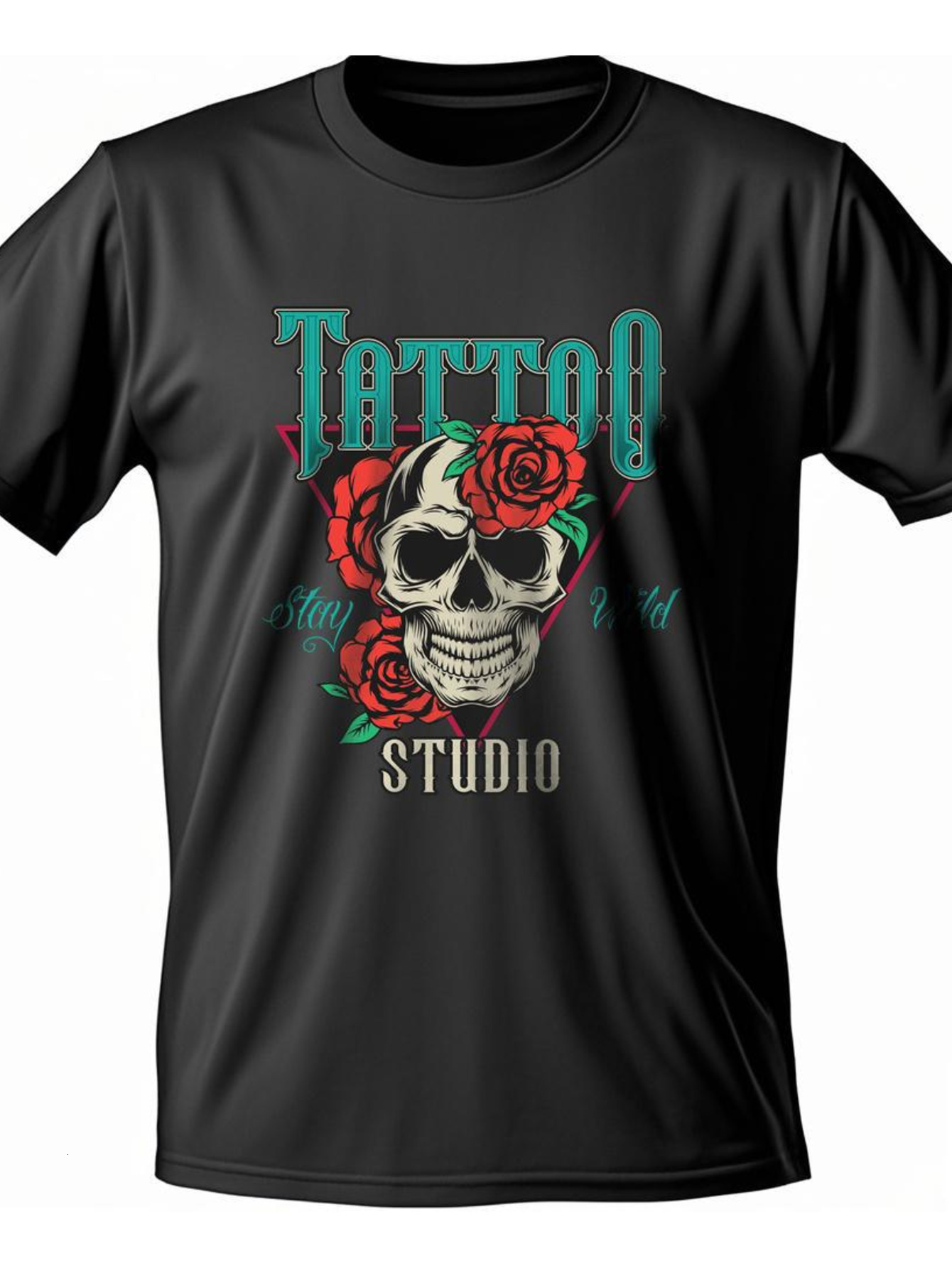 Dongdumaoyi T Shirts Black Short Sleeve Graphics 180G Men Adult Cotton S-3Xl White Rose Round Collar Skull dcce