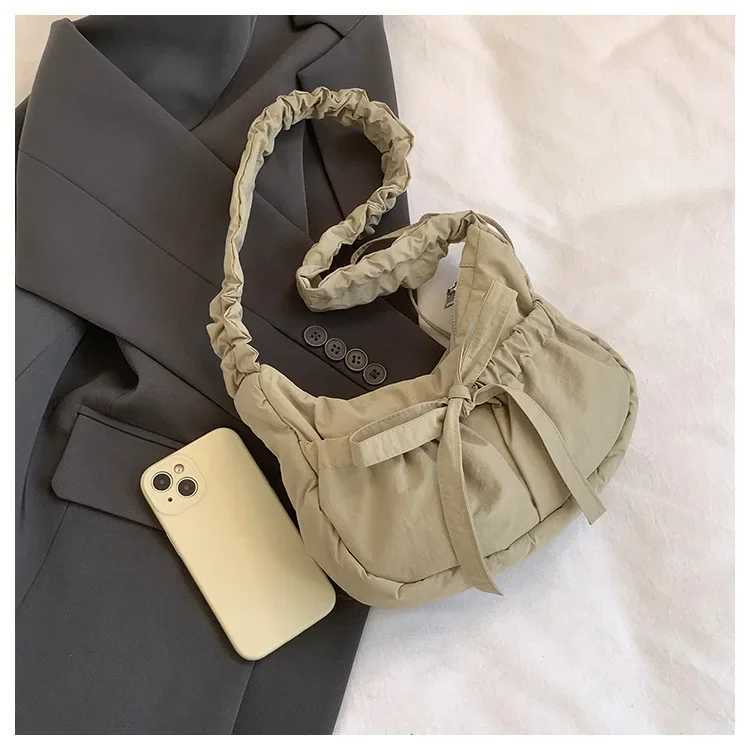Pleated Strap Womens Sweet Bow Shoulder Bag Solid Color Female Underarm Bags Soft Nylon Ladies Portable Tote Purse Handbags Z250617
