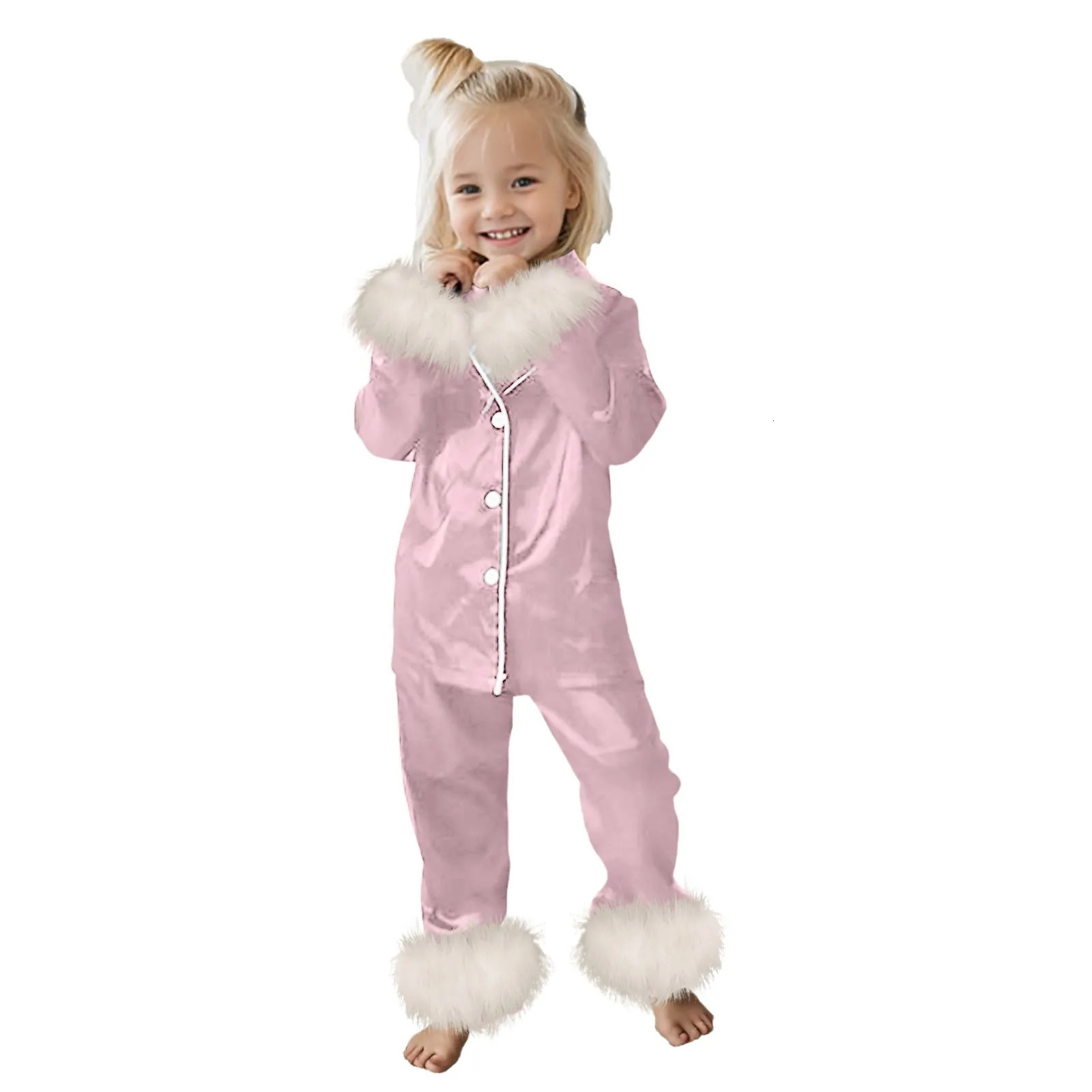 ChildrenS Autumn Home Clothes Girl Satin Feather Trim Button Up Pajamas Sleeper Silk Shirt Pant Toddler Long Pajamas Set Youth 250617