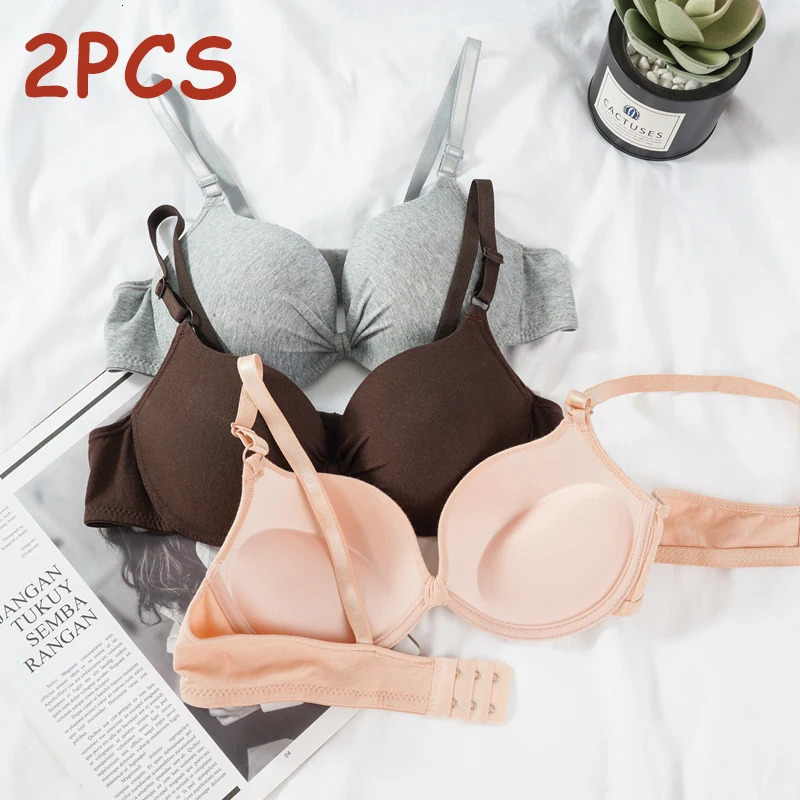 2 PCS Women Cotton Gathered Bra Fashion Sexy Simple Deep V Push Up Bra Back Button Brassiere Lingerie Bralette 250617