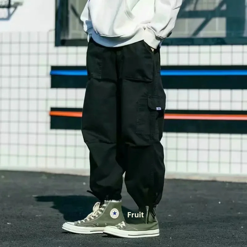 Japanese Style Cotton Cargo Pants Trendy Loose Fit Wide Leg Drawstring Ankle Pants Men Casual 250616