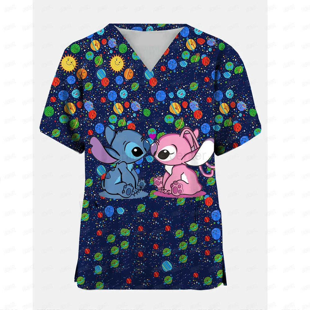 Disney Stitch V Neck Nurse Uniform T-shirt For Girls Womens Hospital Wear T Shirts Woman Pocket Clothes Lady Short Sleeve Top W250617