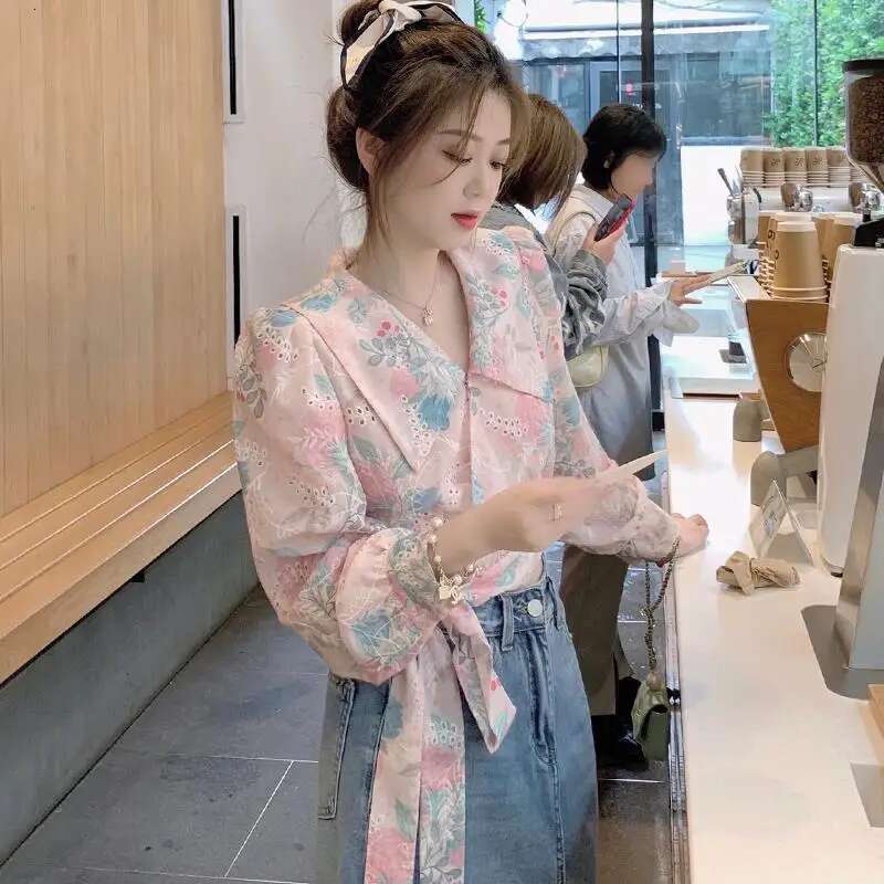 Clothing Floral Womens Shirts and Blouses Full Sleeves Top for Woman Kawaii with Bow Chiffon Cute Luxury Designer Pretty Tall M