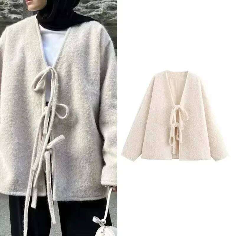 Lady Thick Tweed Jackets 2024 Fall Fashion Lace Up Urban Coats In Outerwears Autumn Coat Elegant And Pretty Women Cardigan