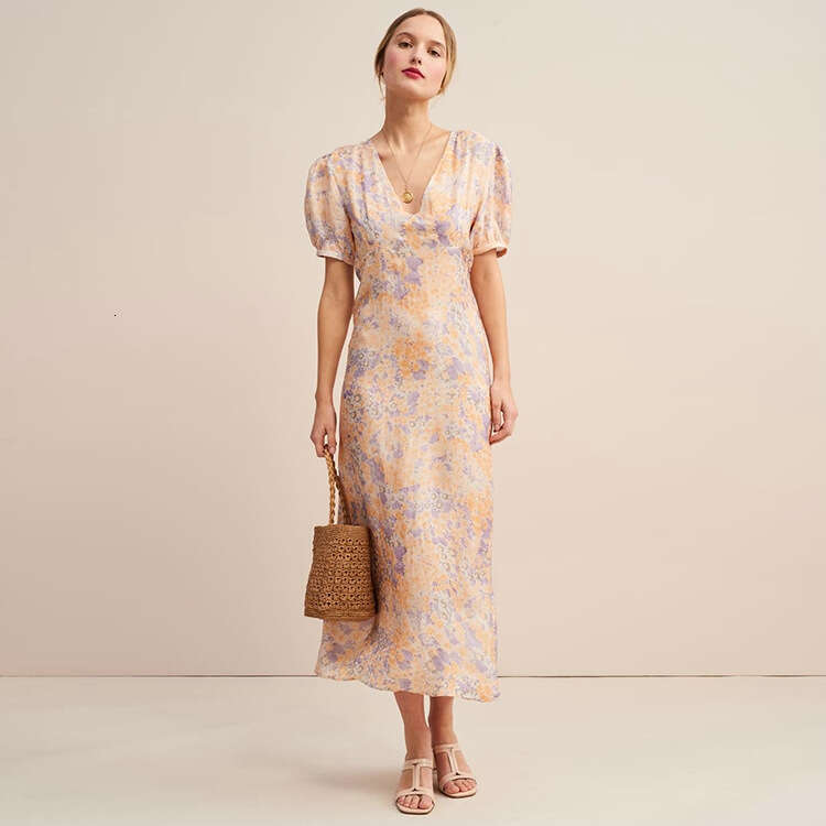 Women Designer Clothing Luxury Dress Devise Long Dress N094 Wanwan Same Style Fresh Small Floral Dress Rayon Short Sleeve V-neck Mid-length Loose Sati