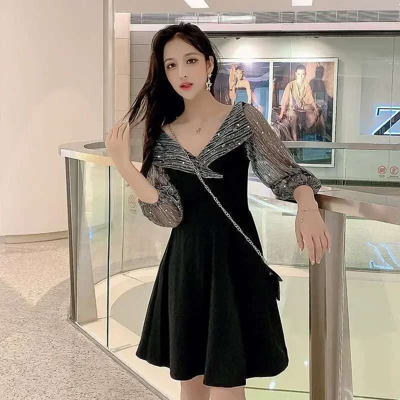 A Line Korean Style Midi Mesh Womens Long Sleeve Dresses New Features of In Fashion Summer 2025 Elegant Party Xxl Female Dress