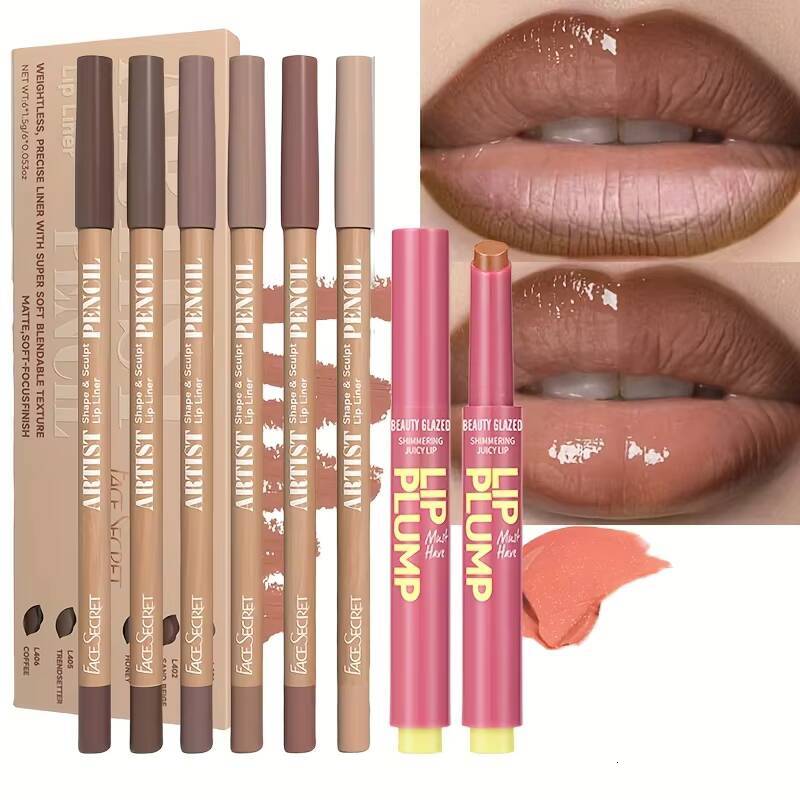 7pcs Makeup Liner Set + Lip Matte Waterproof Long lasting Lipliner Pen Moisturizing Jelly Lipstick happy