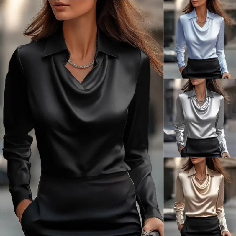 2025 Satin Women Shirt Vintage Long Sleeve Blouse Silk Elegant Womens Tops Commuting White Shirt Autumn Female Clothing 250614