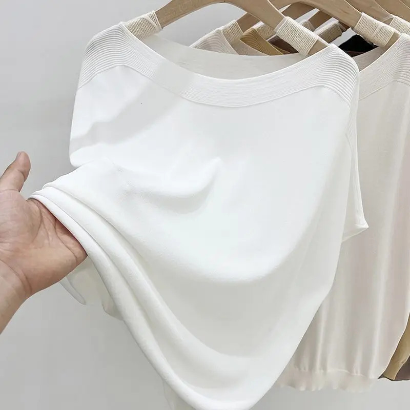 Simplicity Fashion Summer Thin Style Ice Silk T-Shirts Womens O-Neck Solid Screw Thread Casual Loose Short Sleeve Knitted Tops 250614