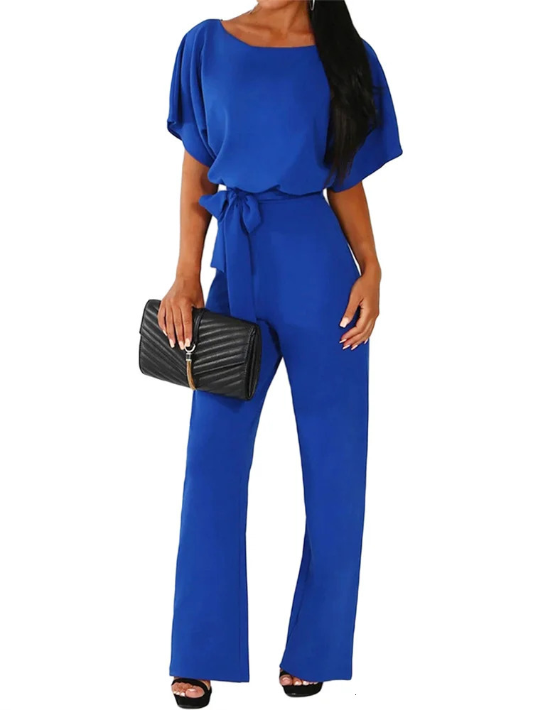 Women Jumpsuits Elegant Solid Color Flare Short Sleeve Waist Tie Wide Leg Pants Romper Summer Streetwear 250616