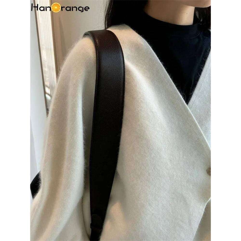 HanOrange 2024 Early Spring Oriental Art Curved hete Sleeve Wool Knitted Cardigan Sweater Women Loose Thick Top White