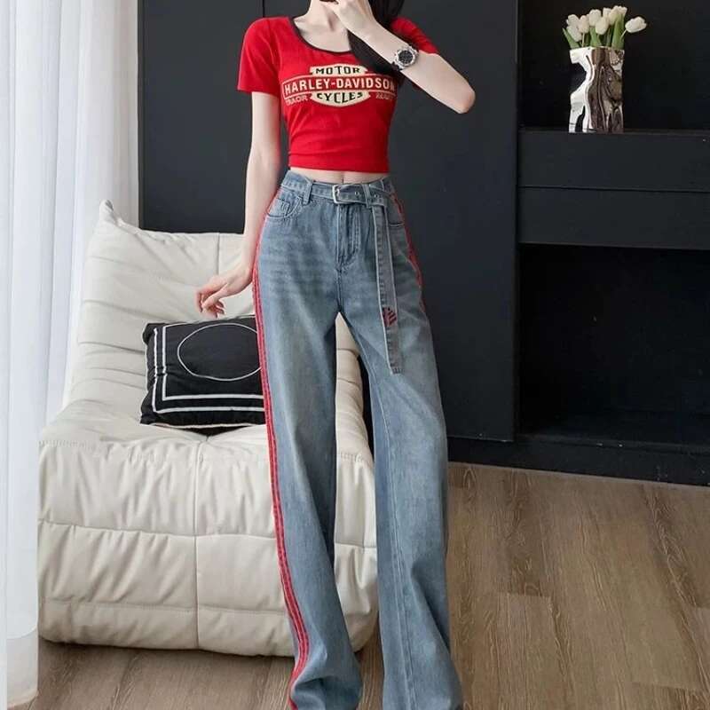Loosefit Female Cowboy Pants with Print Womens Jeans Grunge Y2k Emo 90s Streetwear Trend 2025 Wholesale Shiny Vibrant Trousers