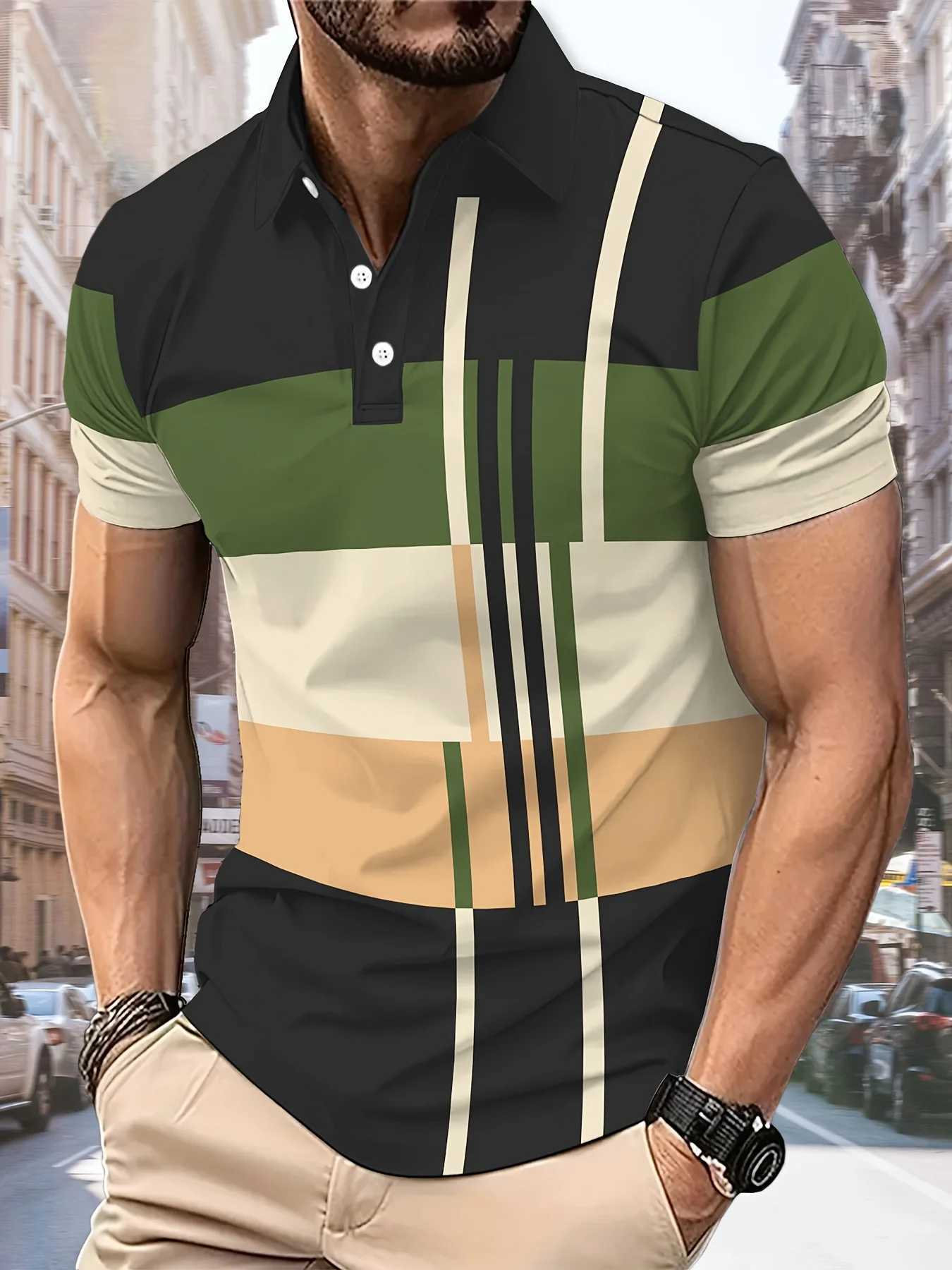 Summer New Mens Short Sleeve Lapel Business Polo Shirt 3D Digital Print Stripe Polo Shirt Sport Button Pullover Casual Tops XJ250617