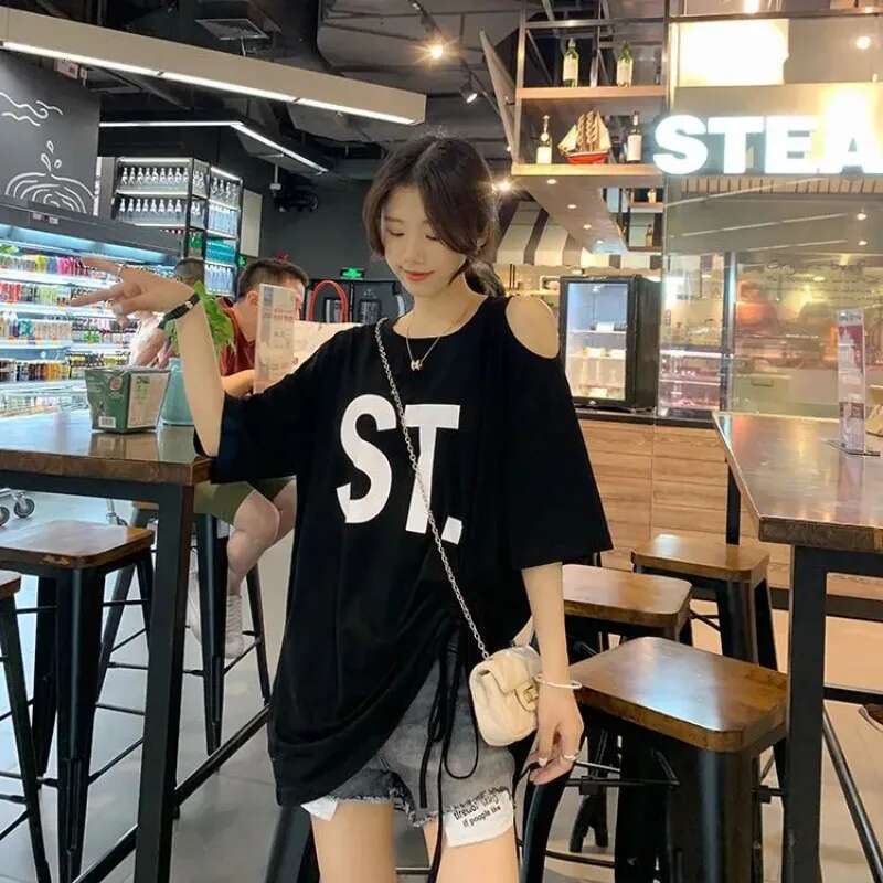 T Shirt for Women Off Shoulder Baggy Graphic Short Sleeve Tops Woman Y2k Fashion Korea Japanese Vintage Clothes Korean Reviews
