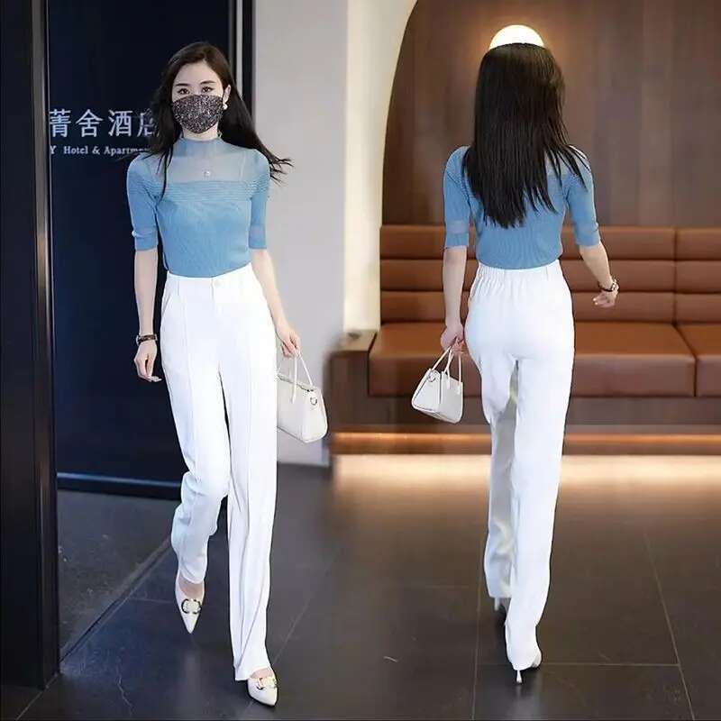 Tailoring White Office Black Trousers for Woman Baggy Work Loose Clothing Solid Wide Leg Womens Pants Brown Straight Classic G
