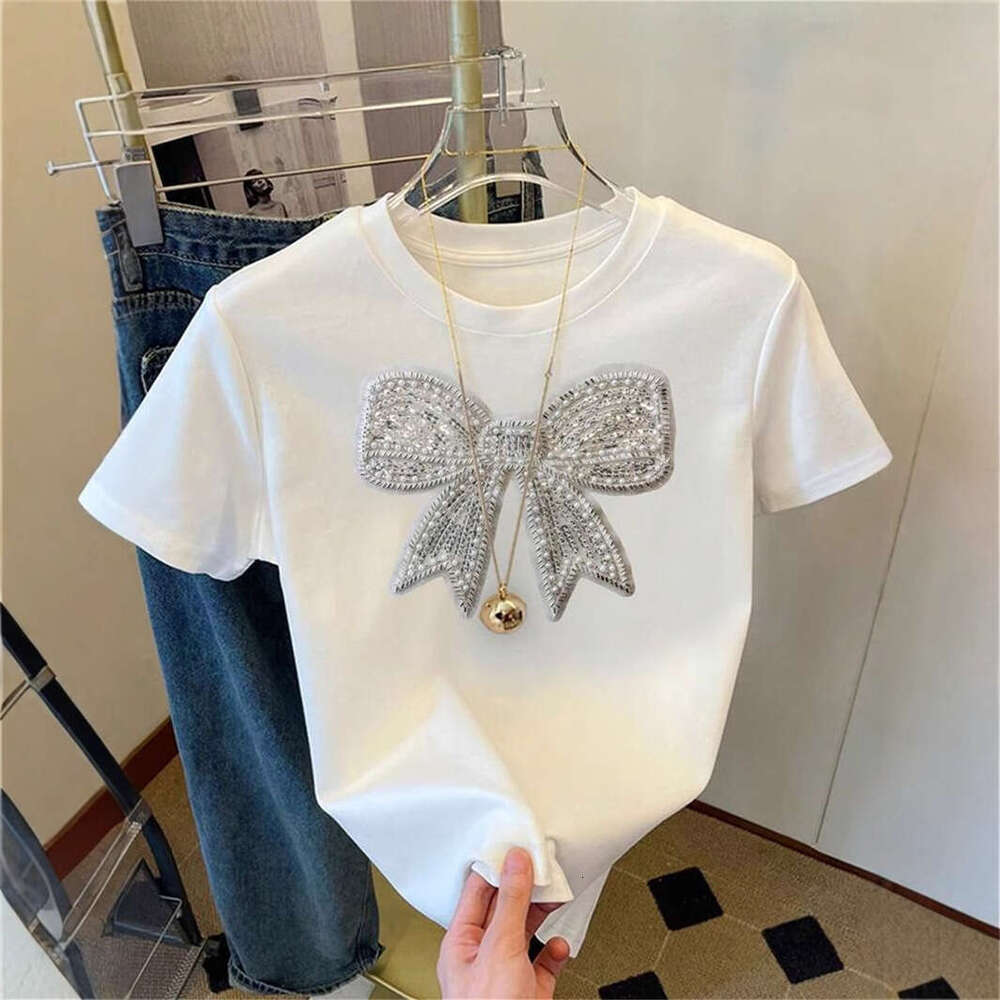 Summer New Women's Fashion Casual Commuter Loose Round Neck Bowknot Print T-Shirt Short B5