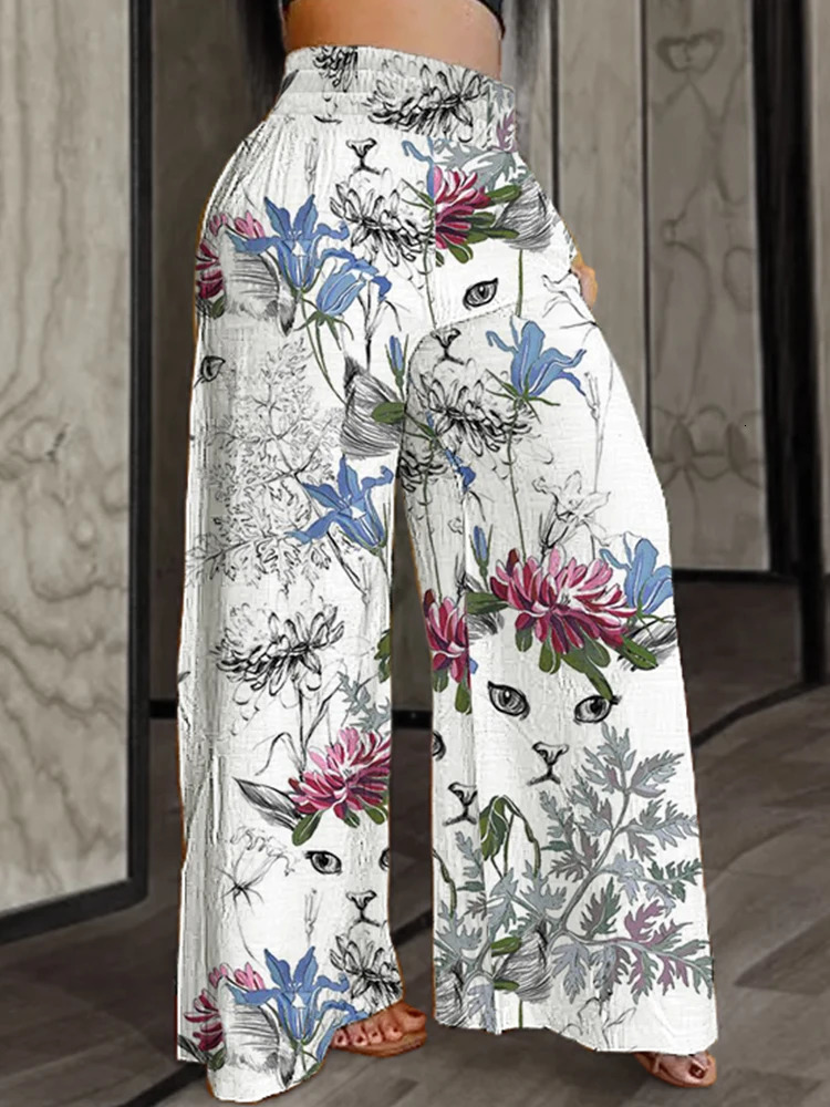 Summer plus Size 5XL Wide Leg Pants Contrast Print Pattern Fashionable Trendy Versatile Womens Elastic Waist Casual Trousers 250609