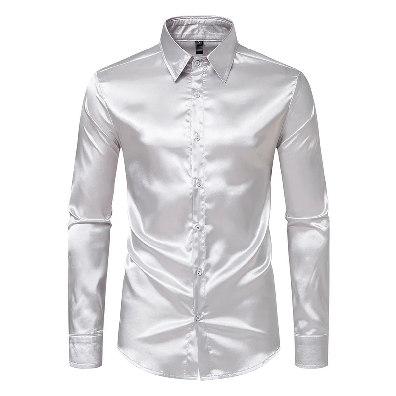 Mens Black Satin Dress Shirts Fashion Silk Smooth Tuxedo Shirt Solid Wedding Party Prom Casual Shirt Business Office 250616