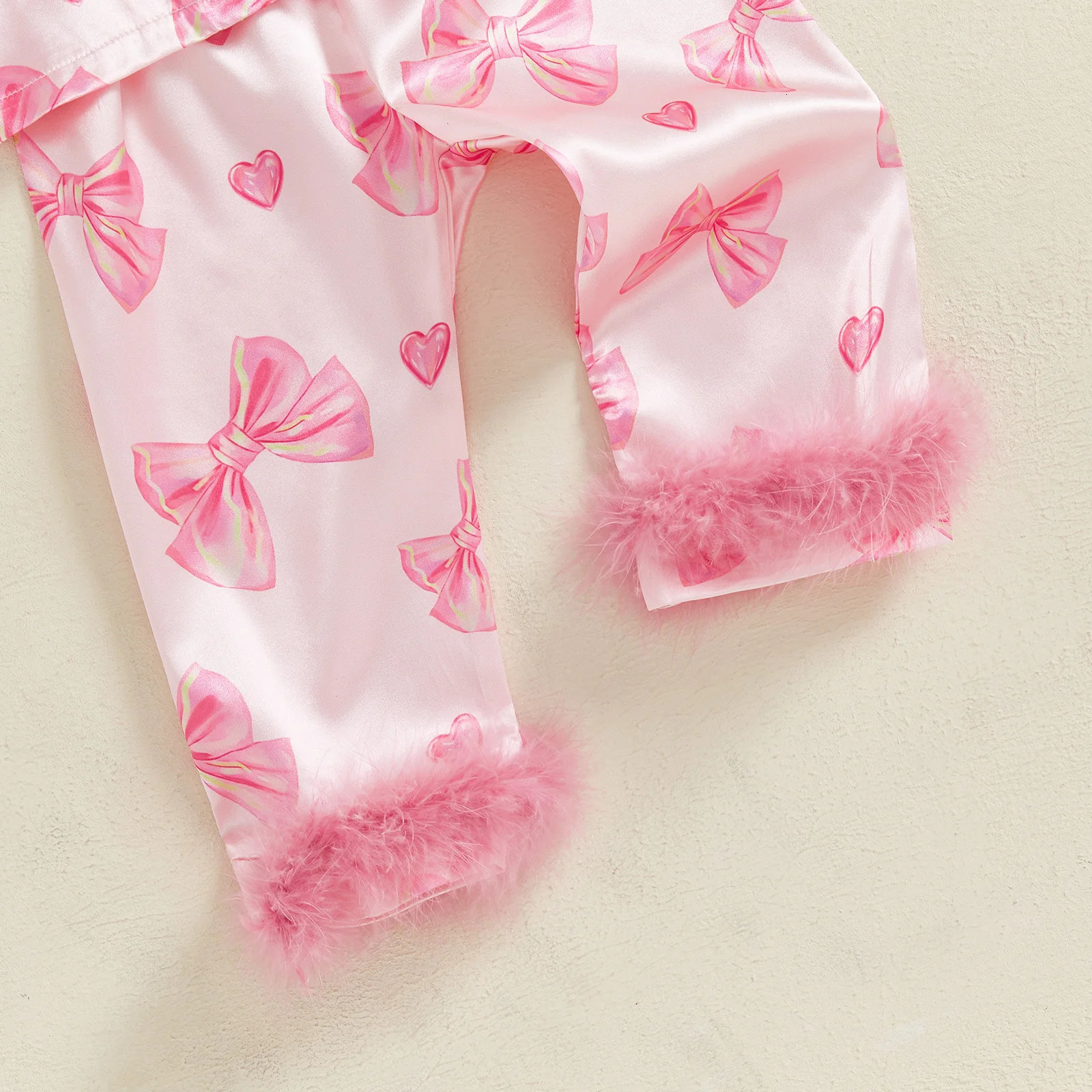 Kid Girl Satin Pajamas Set Bow Print Feather Cuffs Long Sleeve Lapel Button Down Tops with Pants Sleepwear 250617
